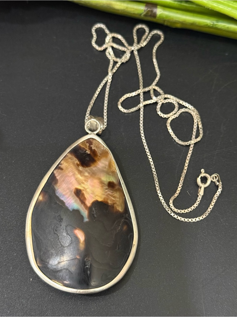 Vintage Black Lip Oyster Shell Mabe Blister Pearl Pendant 925 Sterling Necklace
